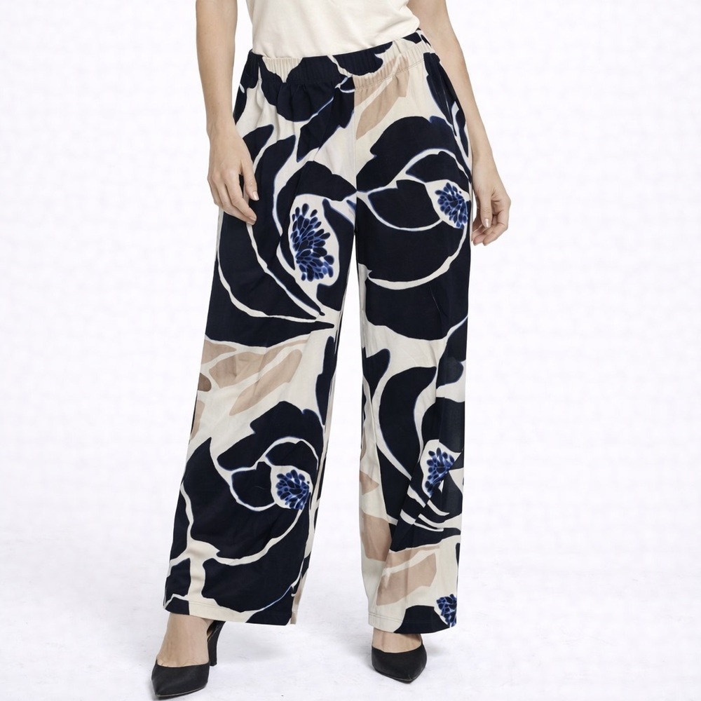 Chico's Floral Wide Leg Pants - Navy, Beige, and White - Picture 9 of 11